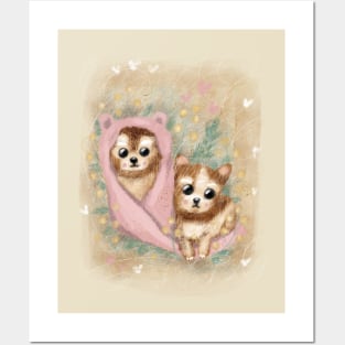 Cute colorful illustrations in retro style. Beautiful fluffy puppies. Posters and Art